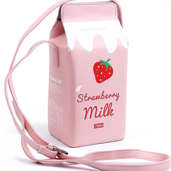 LUI SUI Girl's Fruits Crossbody Pink Bag Purse Strawberry Milk Box Kawaii - Picture 1 of 12